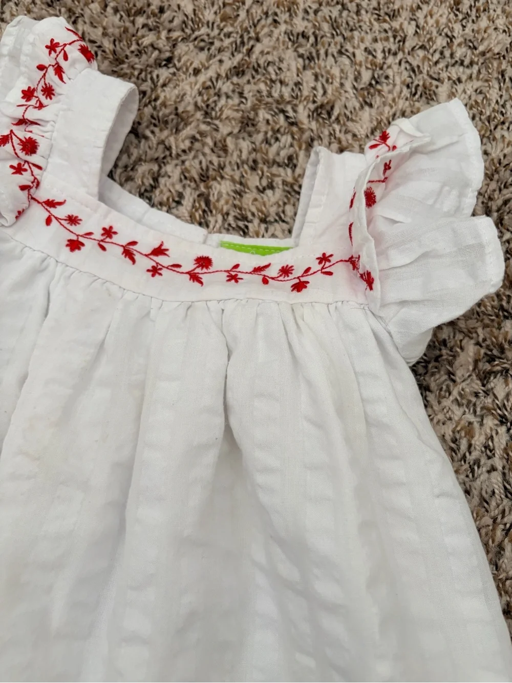 White Girls' Embroidered Ruffle Dress with Red Detail
